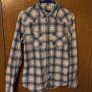 American Eagle Outfitters White and Blue Plaid Shirt